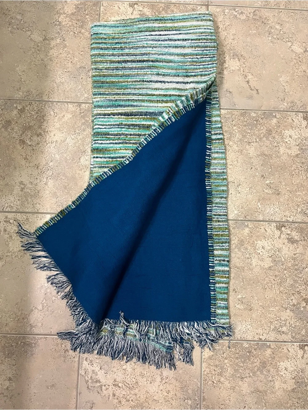 Anthropologie Fringed Ines Throw Blanket Green Blue NWT
